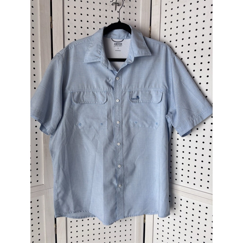IZOD Saltwater Short SLV Vented Button Down Shirt Blue Men's Lg Pockets